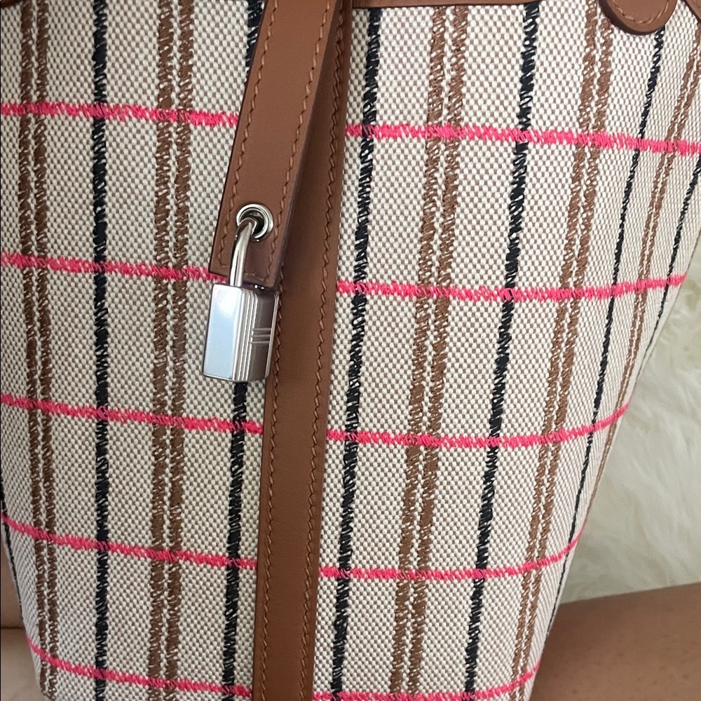 Hermes Tan and White Checkered Tote Bag - Picture 8 of 14
